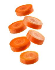 Fresh carrot slices falling on transparent background