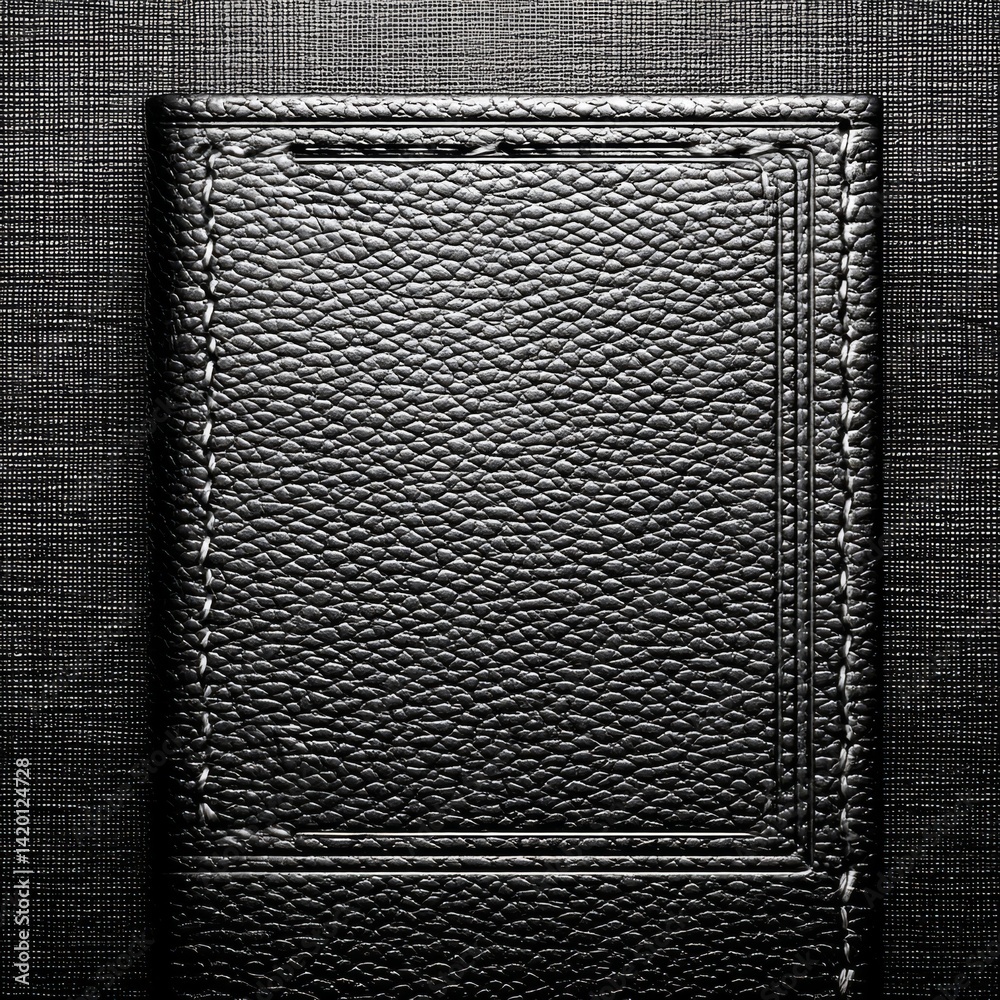 Poster dark leather case texture with fine stitches and contrasting fabric background, an abstract macro de