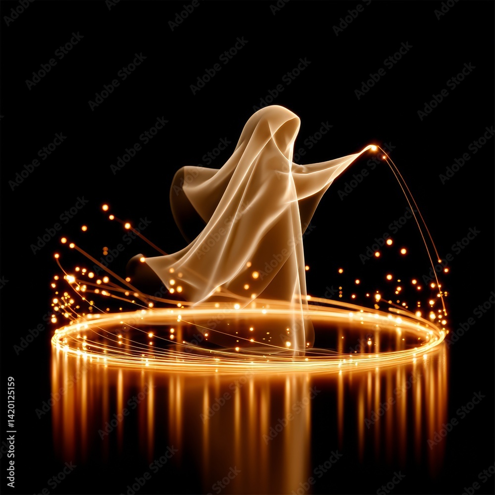 Poster ethereal figure in golden light: a mystical dance of cloth and sparkles on a black canvas