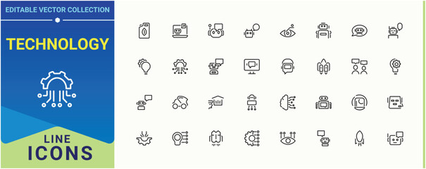 Technology icon set. It contains symbols to digital, gadget, device, computer, smart and more. Future Technology vector line icon set. Thin web icons. Editable stroke collections.