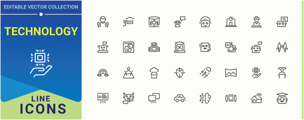 Set of Technology line icon. Included science, cyber, future, automation, artificial, device, digital and more. Future Technology icon set. Modern thin line style icons. Editable vector illustration.