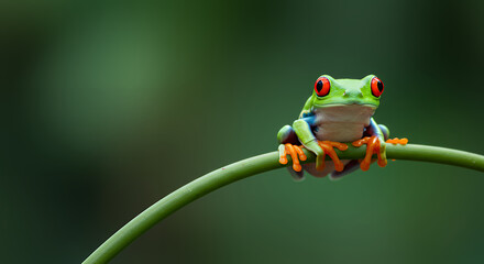 Vibrant Red Eyed Tree Frog Perched on a Green Branch in Lush Rainforest