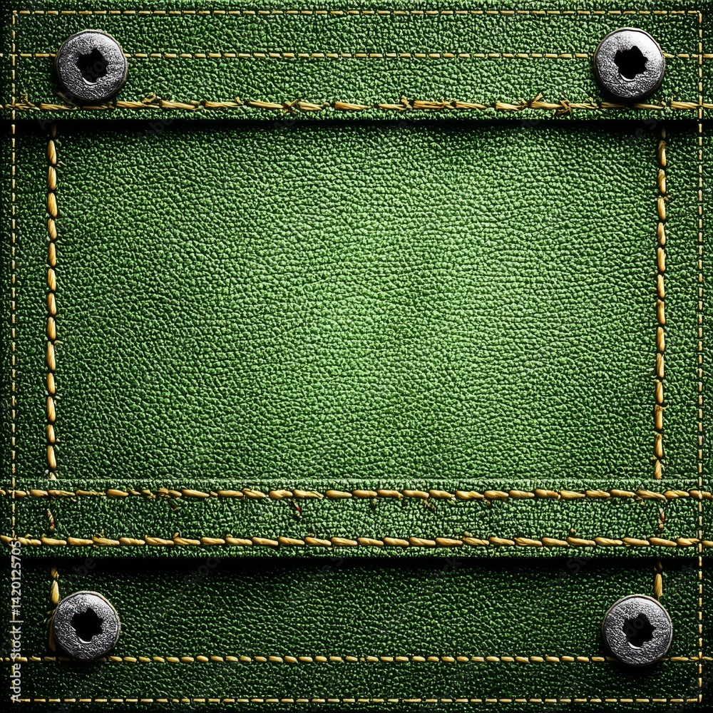 Poster green stitched leather patch with metal fasteners: a textured background of craftsmanship and rustic
