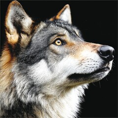 Fototapeta premium Intense Gaze: A Close-Up Portrait of a Majestic Grey Wolf with Penetrating Eyes against a Stark Black Background