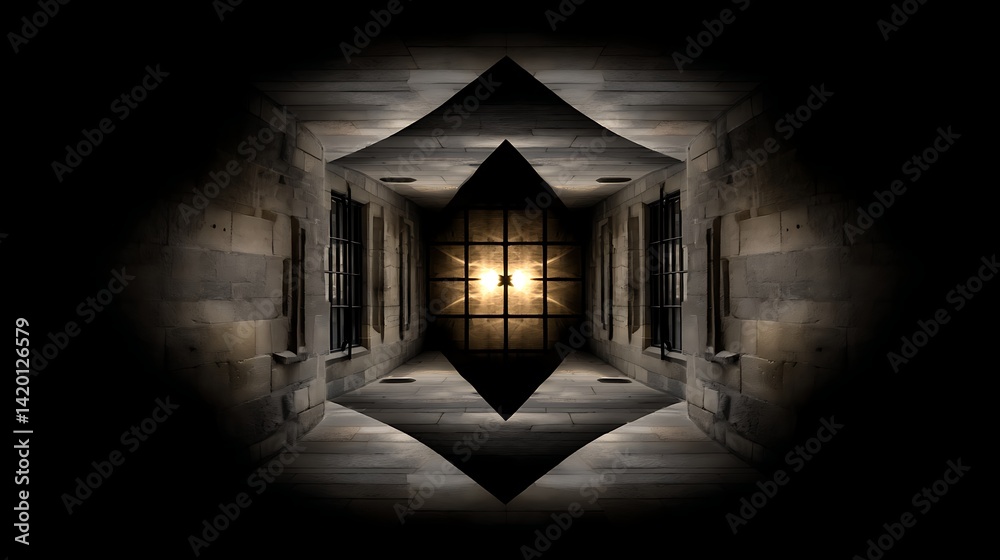 Poster ethereal hallway illusion of geometry and light in an abstract stone architecture construct.