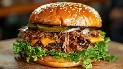Mouthwatering pulled pork sandwich on a sesame bun base