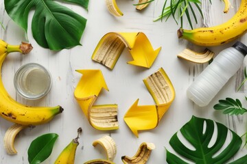 Creative Concept of Recycling with Banana Peels and Green Leaves