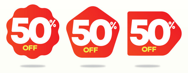 50% off.  Discount, promo, value, advertising, profit, shop. Sticker, offer, price, day, sale, market. Set, commerce, shape, tag, icon, vector