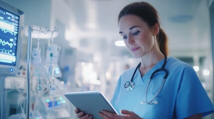 Nurse using tablet to take notes mid-consultation, realistic human proportions