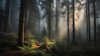 Sunlight Streaming Through Misty Forest with Tall Trees and Ferns