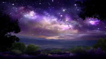 Naklejka premium Ethereal Night Sky Over Valley With Purple Hues and Distant Mountains Below Majestic Starscape View.