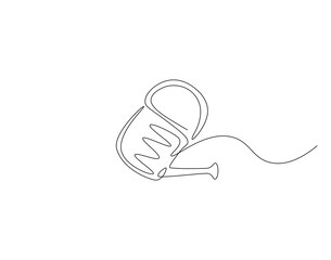 Watering can outline drawing illustration. Continuous line draw of watering pot gardening tool vector.