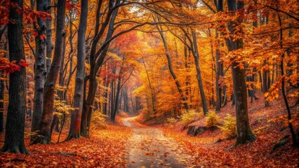 Autumnal Pathway Winding Through a Canopy of Vibrant Golden and Red Leaves