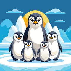 Three emperor penguins stand close together on the Antarctic ice, facing a lone smaller penguin in the distance under a clear, pale blue sky.