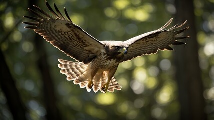 Obraz premium Hawk soaring through the forest with wings spread wide open