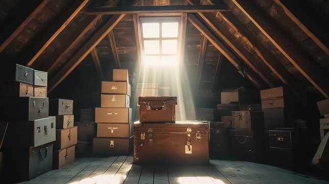 Vintage attic storage. Ideal for nostalgic art, retro interior design, or storytelling about family history.