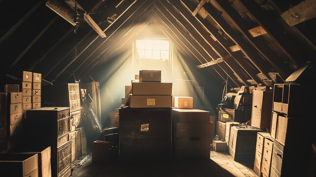 Vintage attic storage. Ideal for nostalgic art, retro interior design, or storytelling about family history.