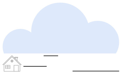 Small house placed under a large blue cloud. Ideal for technology, weather forecast, cloud storage, growth, protection, environmental concern, flat simple metaphor