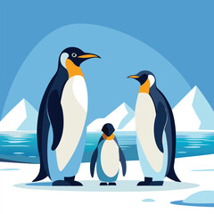 Three emperor penguins stand close together on the Antarctic ice, facing a lone smaller penguin in the distance under a clear, pale blue sky.