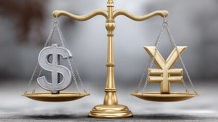 Symbols of the US dollar and Chinese yuan placed on golden scales of justice. Concept of trade wars, economic balance, competition, and international relations.