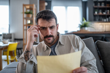 Fototapeta premium Worried man reading a letter and thinking at home