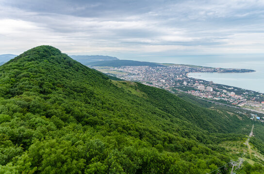 Sweeping view of Gelendzhik reveals lush green hills meeting bustling coastal cityscape. Overcast sky casts soft lighting, enhancing vibrant green hues. Black seas calm waters form scenic backdrop
