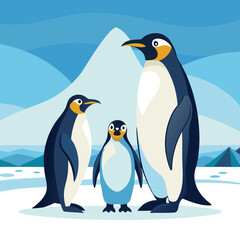 Fototapeta premium Three emperor penguins stand close together on the Antarctic ice, facing a lone smaller penguin in the distance under a clear, pale blue sky.