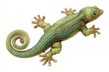 Naklejka premium Intricately designed lizard showcasing vibrant green and gold hues in a captivating art piece