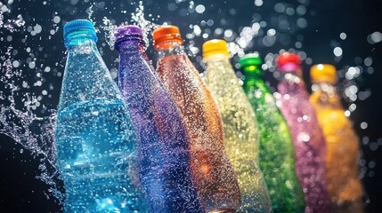 Vibrant soda bottles. Targets beverage ads, youth-focused marketing, or party themes. Symbolizes refreshment, youthful energy, and fizzy indulgence for social gatherings or outdoor fun.