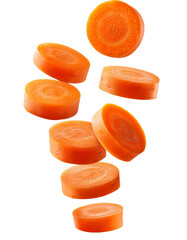 Fresh carrot slices falling on transparent background