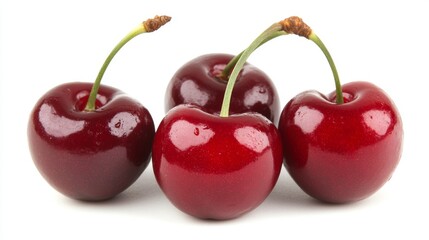 Three red cherries are prominently displayed with their green leaves on a clean white background, all captured in sharp studio lighting