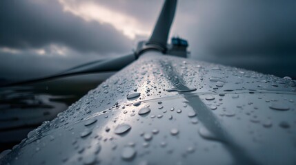 Close-up of rain droplets on a wind turbine blade.