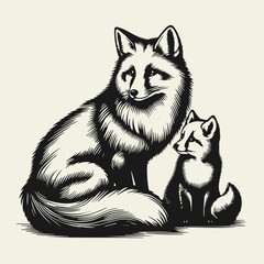 Fox with fox cub, wild animal with its cub, monochrome isolated vector illustration on light background.