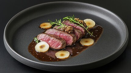 Perfectly sliced Hokkaido wagyu steak, garnished with roasted garlic slices, rosemary sprigs