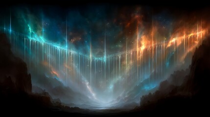 Ethereal Suspension Bridge Connecting Heaven and Earth in a Nebula Infused with Light and Energy.