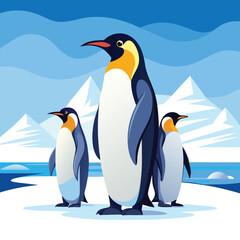 Three emperor penguins stand close together on the Antarctic ice, facing a lone smaller penguin in the distance under a clear, pale blue sky.