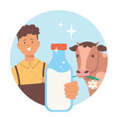 Happy farmer holding bottle of fresh milk near cow. Organic dairy farming, sticker design concept for agriculture business, natural product branding.