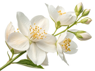 Fototapeta premium Jasmine flower blooms gracefully with delicate petals and vibrant yellow stamens, creating serene and enchanting atmosphere