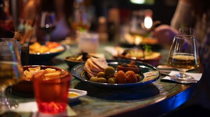 Tapas bar dinner moment Spain with drinks and assorted plates rich textures and ambient lighting real dining scene capture