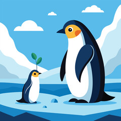 Two emperor penguins curiously observe a small plant sprouting from the Antarctic ice under a clear blue sky with a single cloud.