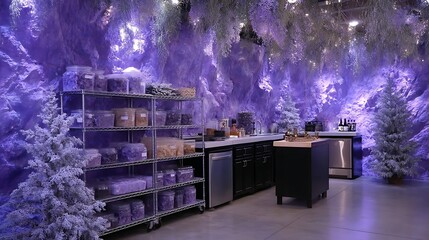 Ethereal Winter Cave Kitchen Display with Shelves of Provisions and Snowy Trees Decor