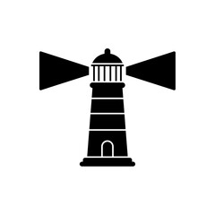 Lighthouse icon in black silhouette with classic tower and light rays in minimalist flat marine vector style