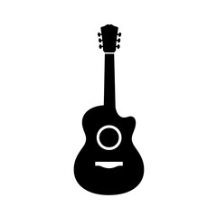 Fototapeta premium Acoustic guitar icon in solid black silhouette with rounded body and neck design in simple music vector style