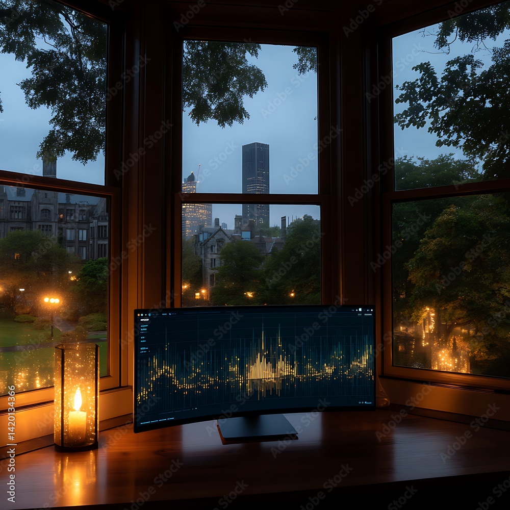 Poster evening light on display a window view cityscape with candle reflections and tech screen illuminatio