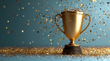Shiny, golden trophy stands amongst confetti