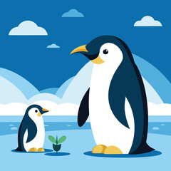 Obraz premium Two emperor penguins curiously observe a small plant sprouting from the Antarctic ice under a clear blue sky with a single cloud.