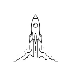 Thin black line icon of a rocket launch with clean flame and smoke trail in minimalist flat vector design