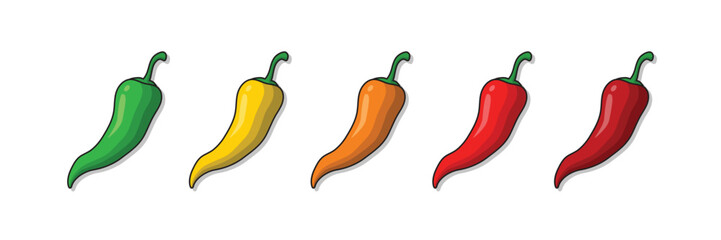 Red, orange, yellow and green chilli pepper icon isolated on white background