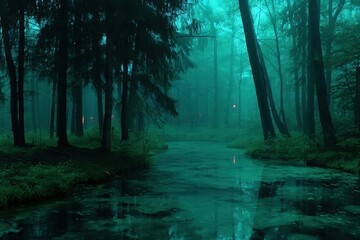 Obraz premium Mysterious foggy forest scene enchanted wilderness nature photography serene environment ethereal viewpoint