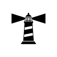 Minimal vector lighthouse icon in solid black silhouette with beacon light and simple nautical design